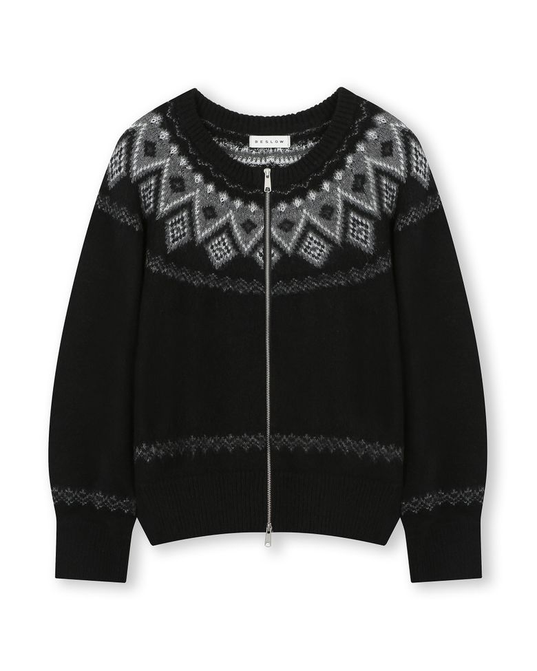 NORDIC KNIT CREW NECK ZIP-UP CARDIGAN BLACK