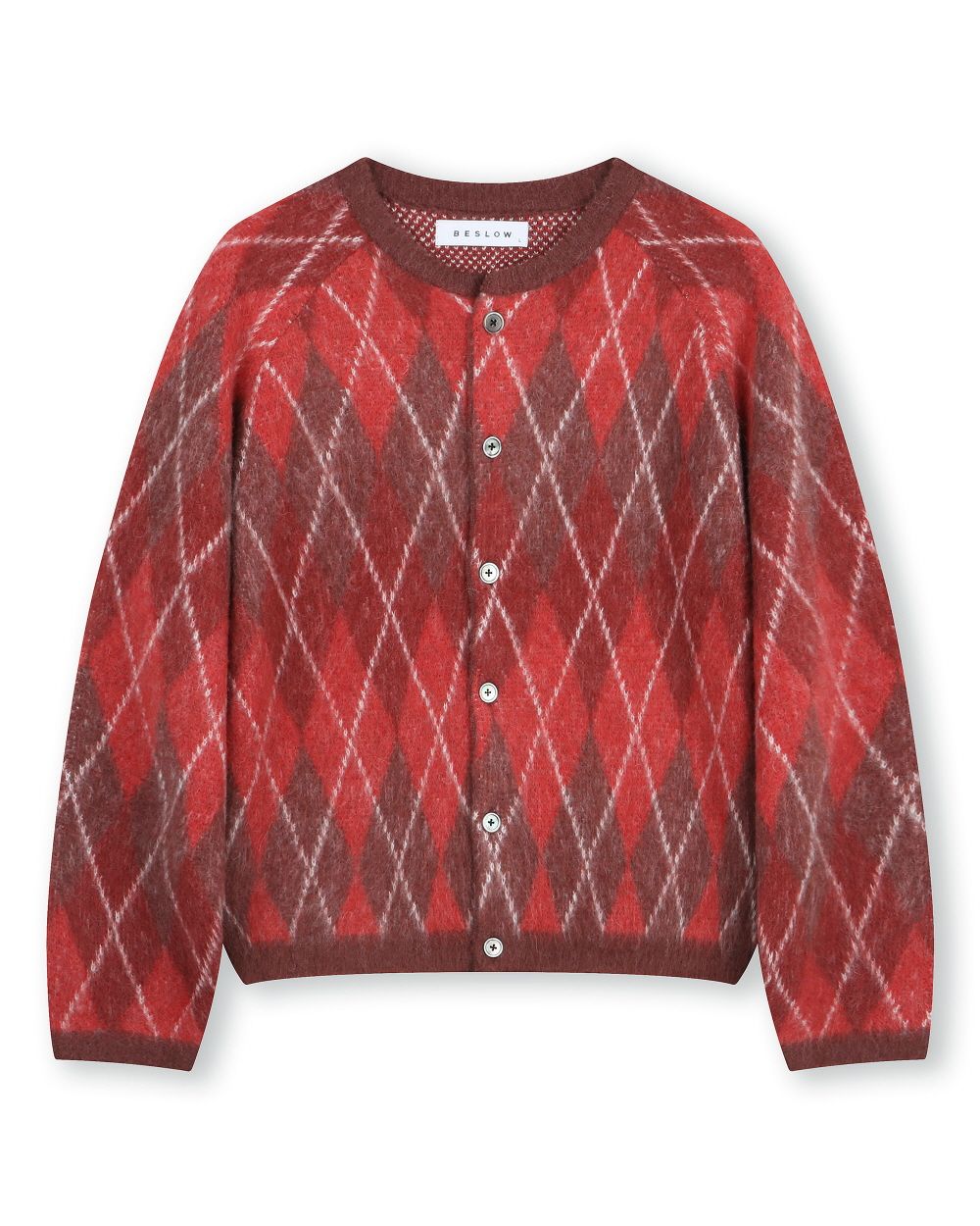 MUSINSA | BESLOW ARGYLE CREW NECK SHORT CARDIGAN RED