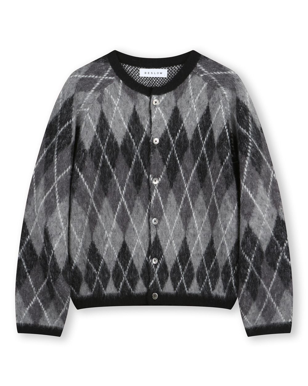 MUSINSA | BESLOW ARGYLE CREW NECK SHORT CARDIGAN BLACK