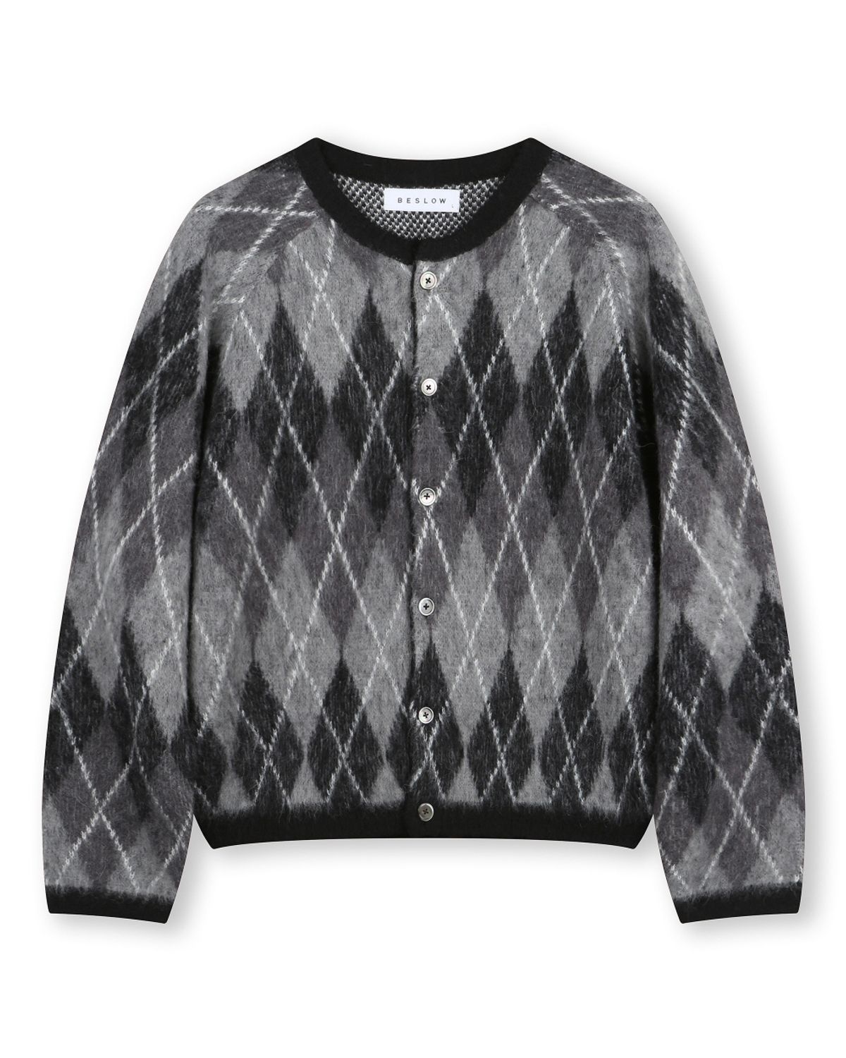 비슬로우(BESLOW) ARGYLE CREW NECK SHORT CARDIGAN BLACK