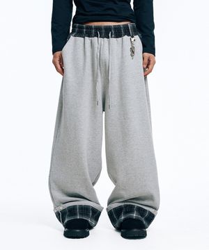 롤업 체크 스웻 팬츠-그레이