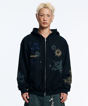 멀티 프린팅 크롭 후드 집업-블랙