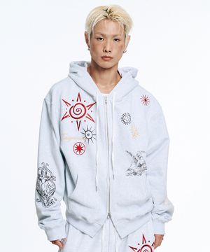 멀티 프린팅 크롭 후드 집업-라이트그레이