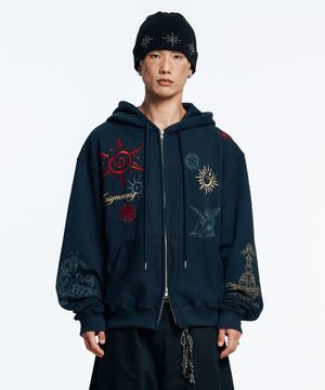 멀티 프린팅 크롭 후드 집업-네이비