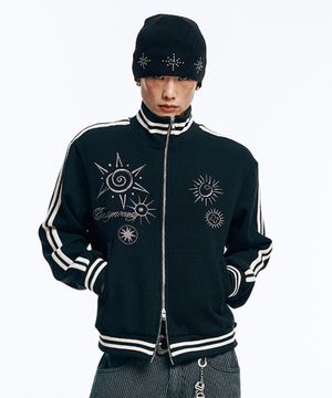 자수 트랙 집업 니트-블랙