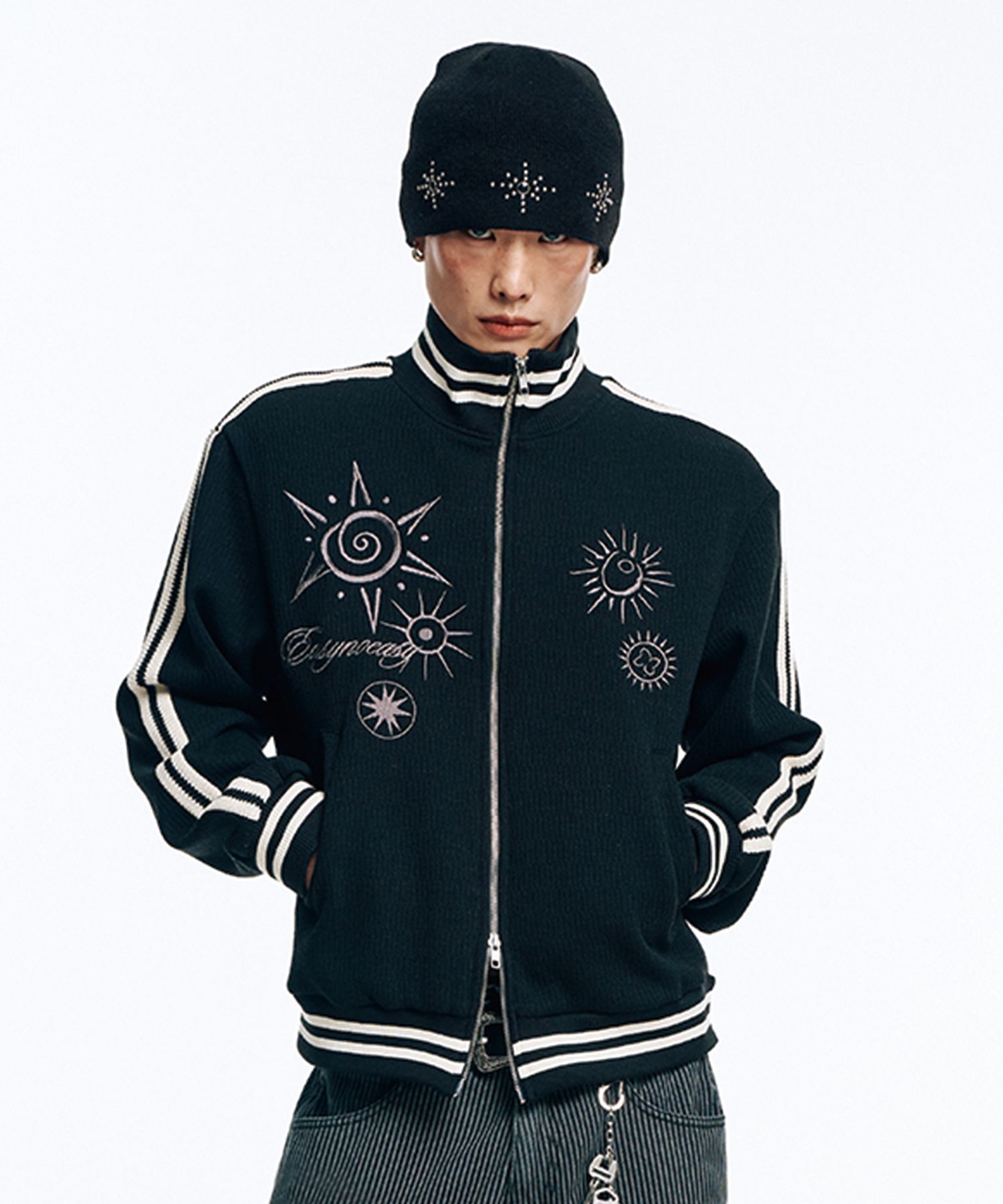 MUSINSA | EASY NO EASY Embroidered Track Zip-Up Knit - Black