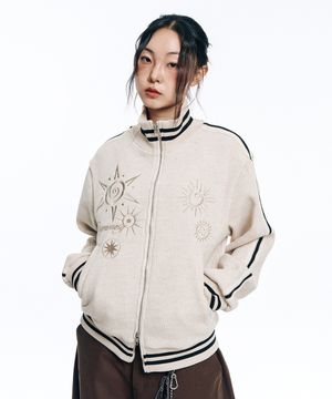 자수 트랙 집업 니트-아이보리