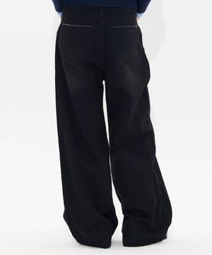 Fray pocket Wide JEANS (WASHED BLACK)
