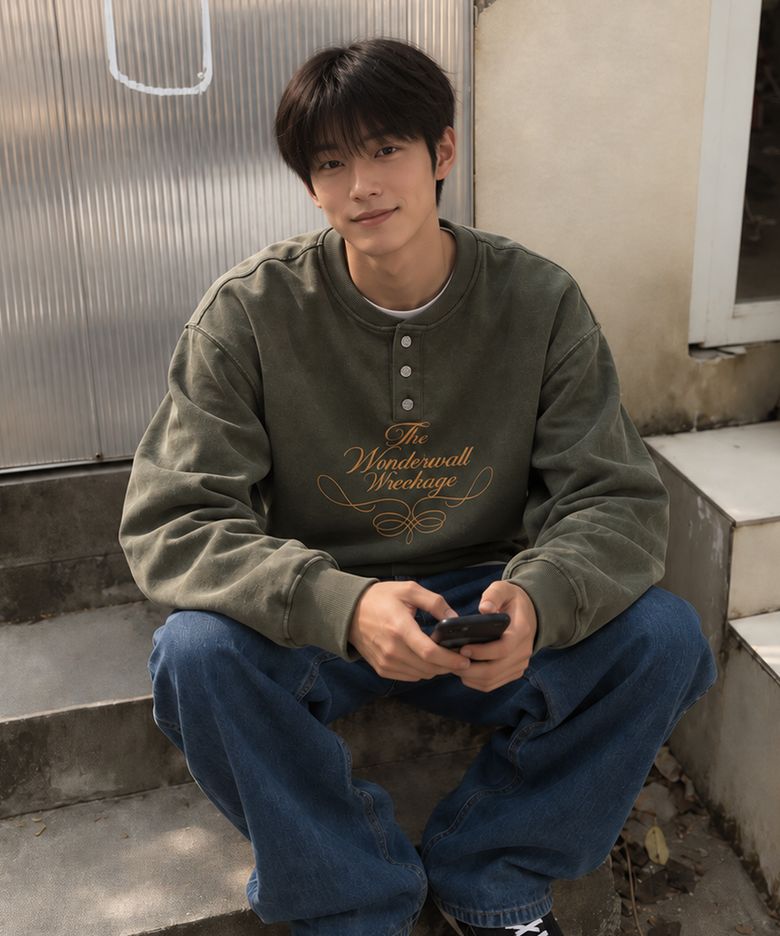 빈티지 브러쉬 헨리넥 스웻셔츠_카키