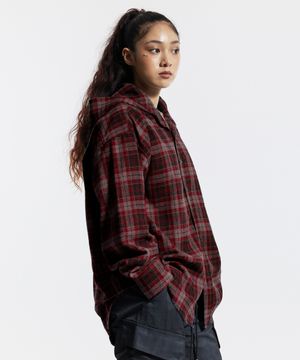 타탄 체크 오버핏 후드 셔츠 레드