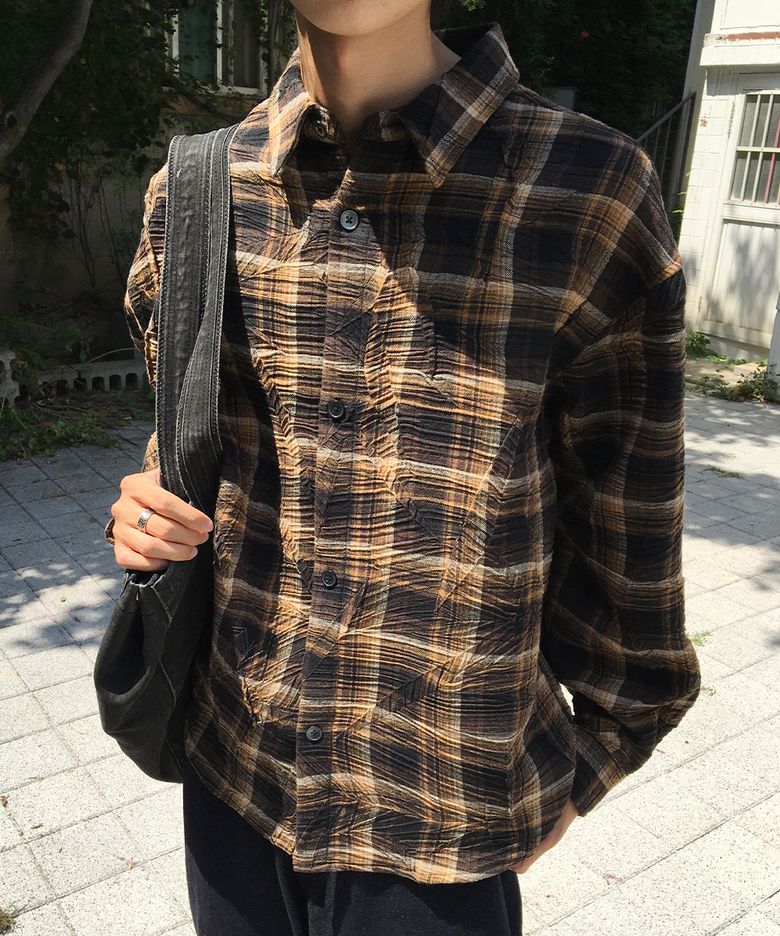 크럼플 체크 셔츠 재킷_브라운