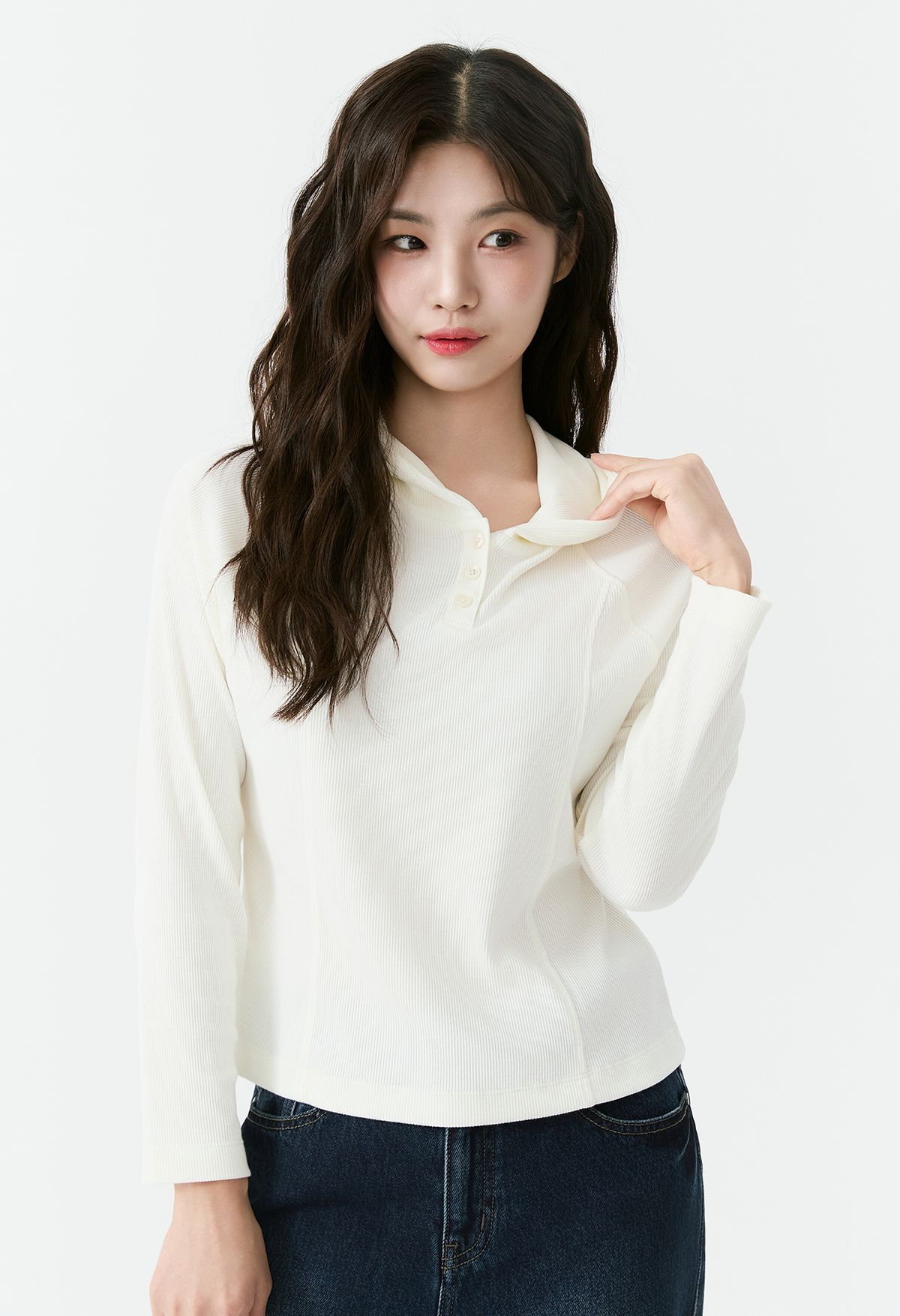 잠뱅이(JAMBANGEE) 여성) 골지 스냅 버튼 후드 슬림 긴팔 티셔츠 AP3WTL557-IV