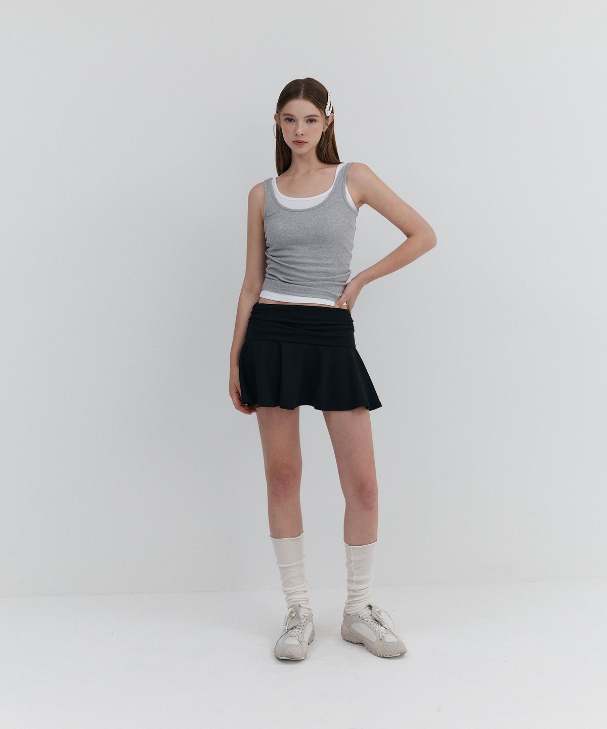 우네(OONE) 2Way Roll-Up Drape Skirt_Black