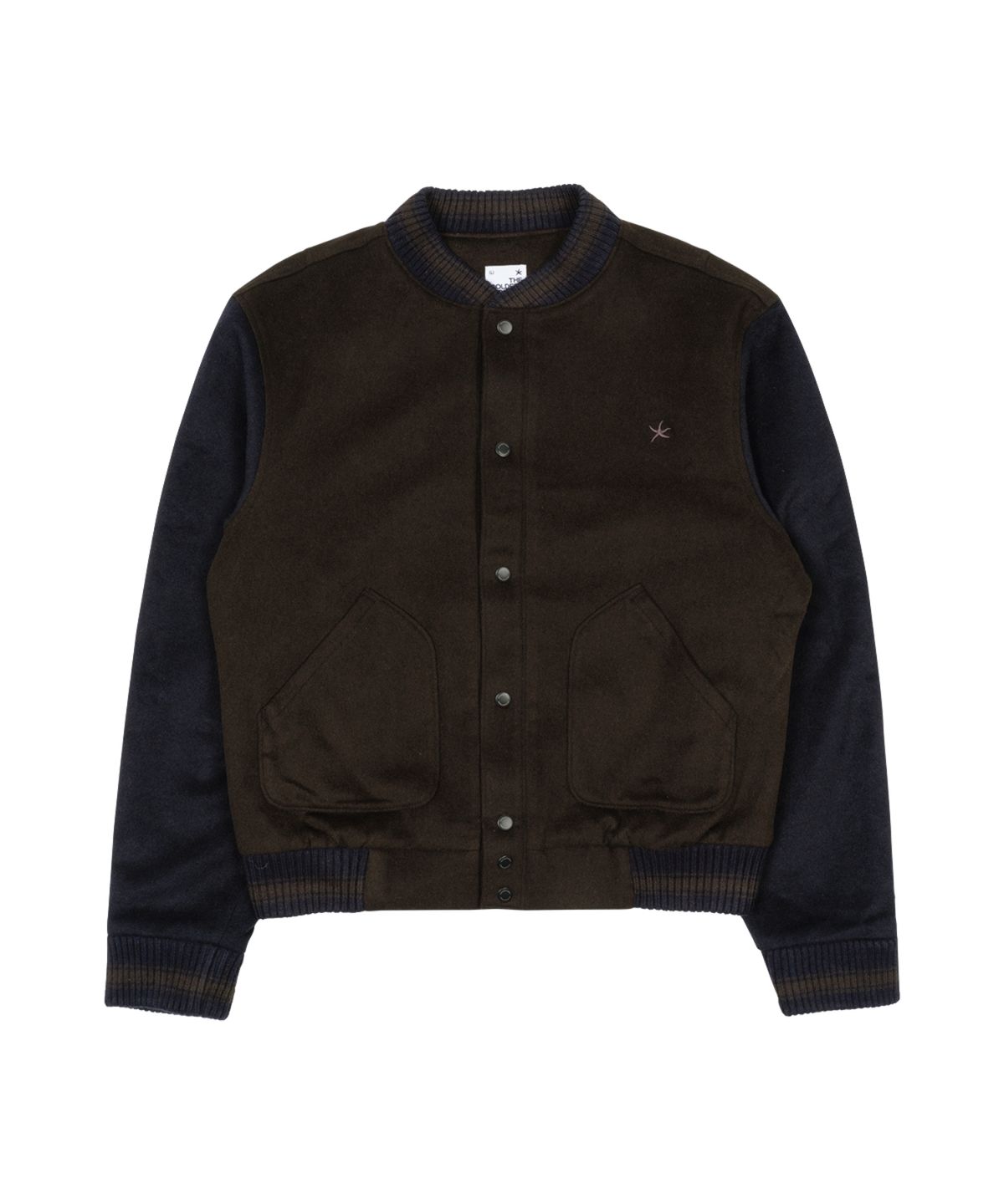 더콜디스트모먼트(THE COLDEST MOMENT) TCM mini logo varsity jacket (brown/navy)