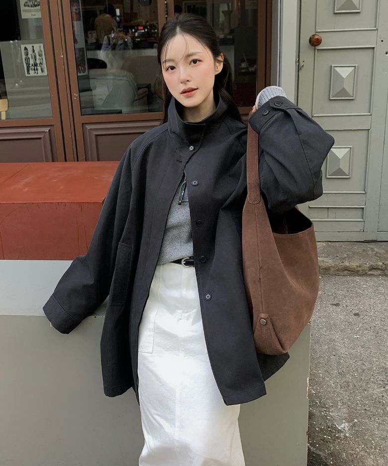SIOT4152 하이넥 하프 트렌치 코트_Charcoal