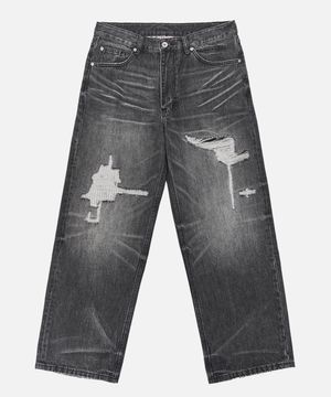 Destroyed Black Washing Denim Pants_Black