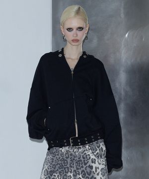 Eyelet Belt Hood Zip-up (BLACK)