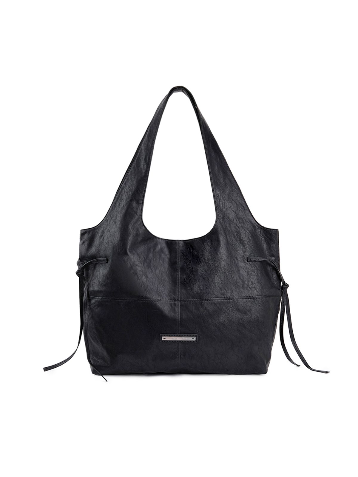 마뗑킴(MATIN KIM) SIDE STRING LEATHER BIG SHOULDER BAG IN BLACK
