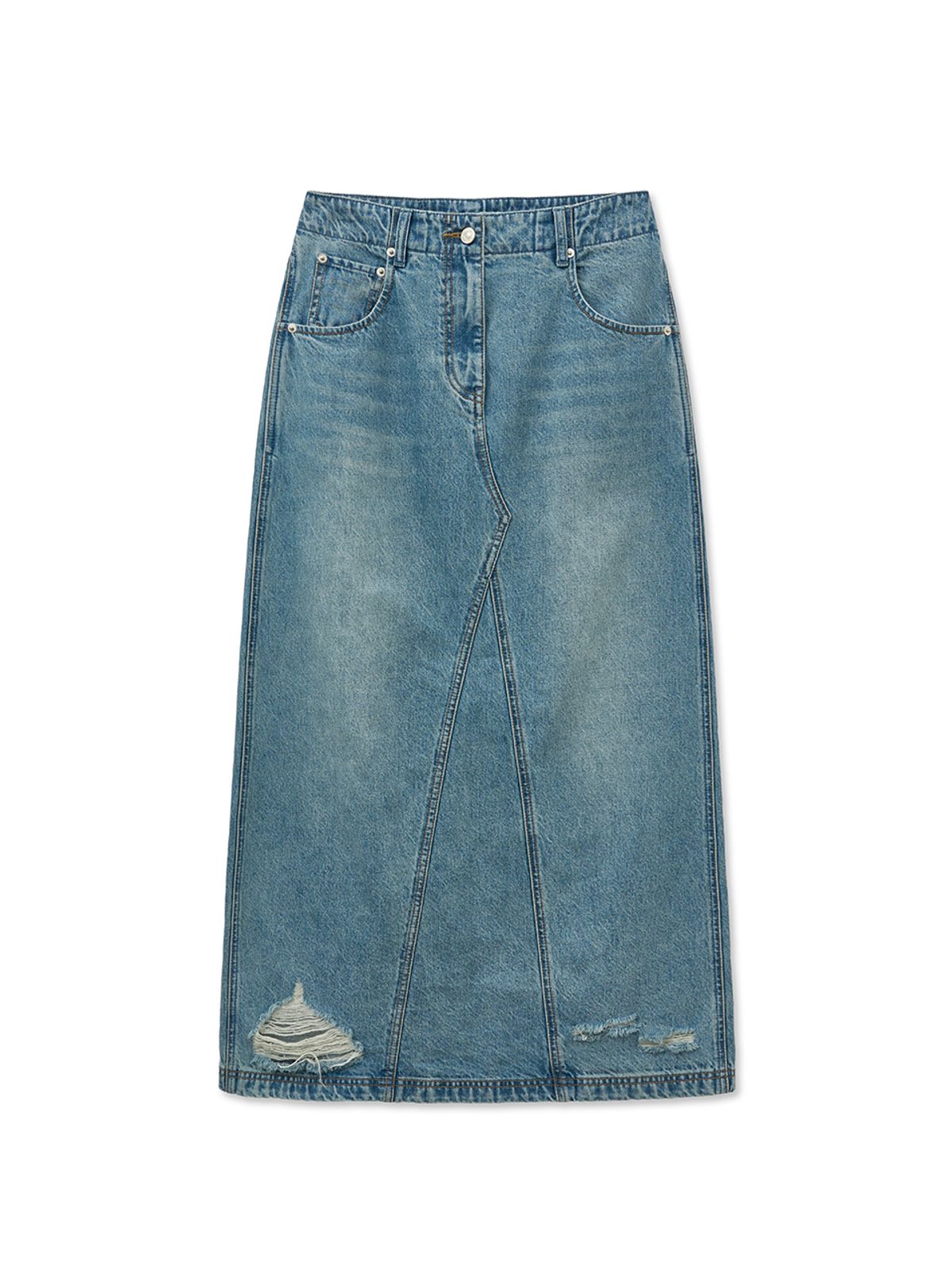 마뗑킴(MATIN KIM) DAMAGE POINT LONG DENIM SKIRT IN BLUE