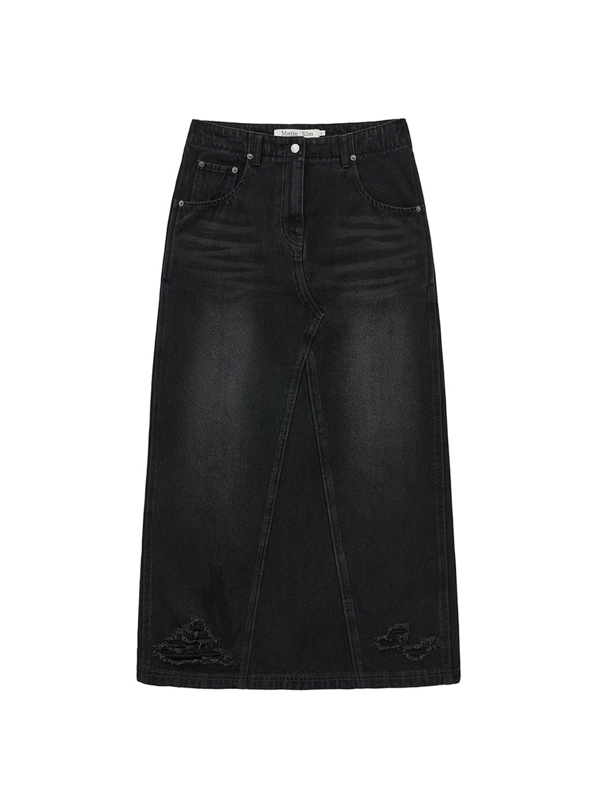 마뗑킴(MATIN KIM) DAMAGE POINT LONG DENIM SKIRT IN BLACK