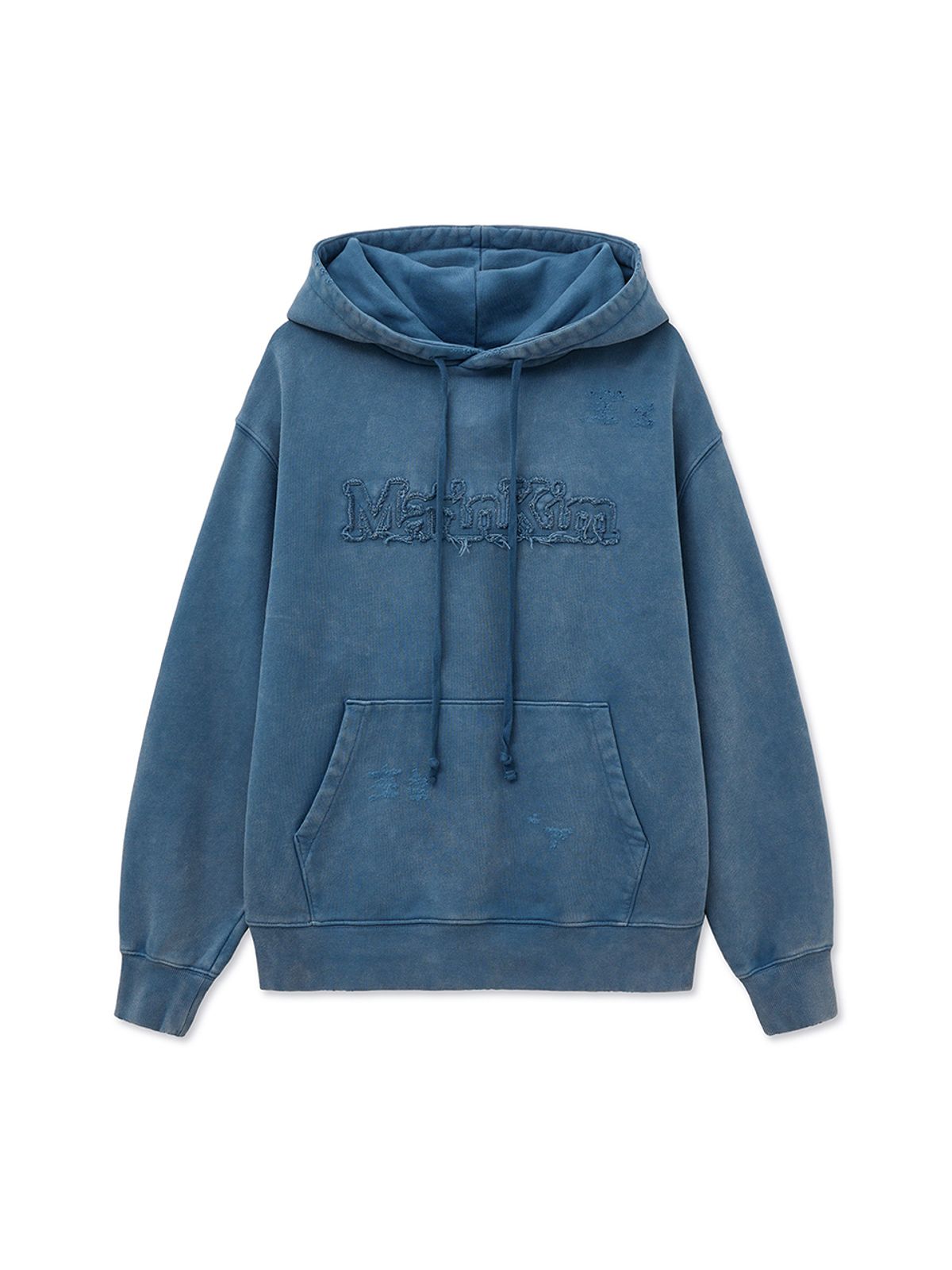 마뗑킴(MATIN KIM) VINTAGE COLOR DYING LOGO HOODY IN BLUE