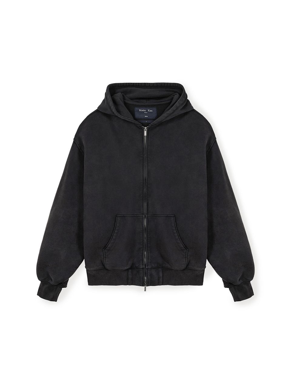 MUSINSA | MATIN KIM BACK LOGO WASHED HOODY ZIP UP FOR MEN IN CHARCOAL