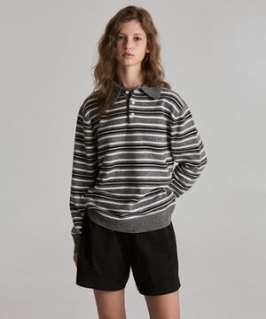 리븐 스트라이프 칼라 울 니트 (그레이)