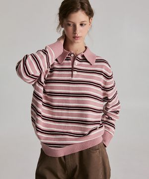 리븐 스트라이프 칼라 울 니트 (핑크)