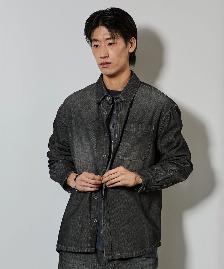 스트라이프 데님 셔츠 블랙