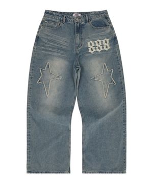 HD 스타 아플리케 데님 팬츠 옐로우 워시드 라이트블루