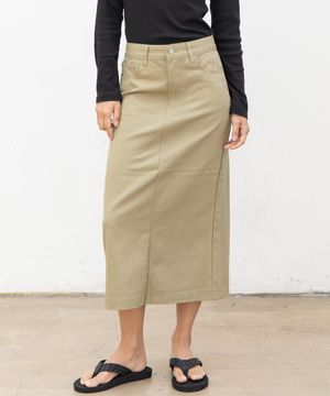 우먼즈 베이직 코튼 데님 롱 스커트[라이트카키]