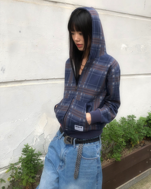 체크 후드집업 (세미크롭) 블루