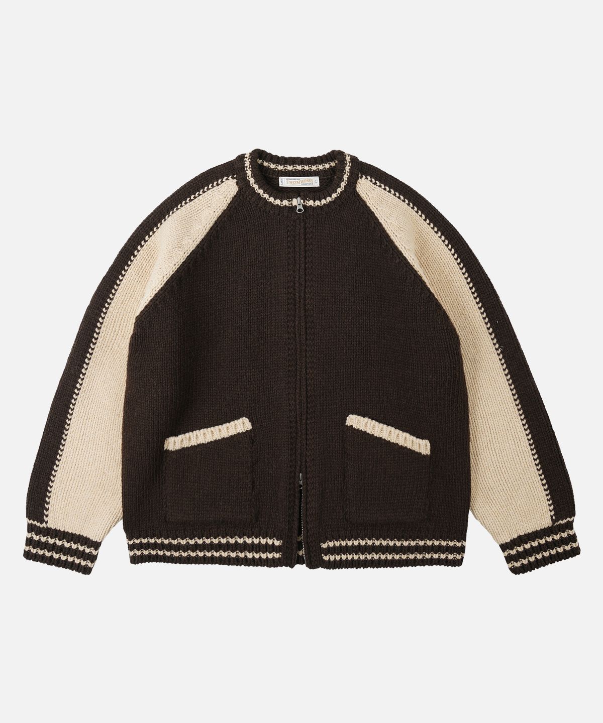 프리즘웍스(FRIZMWORKS) WOOL VARSITY ZIP UP CARDIGAN _ BROWN