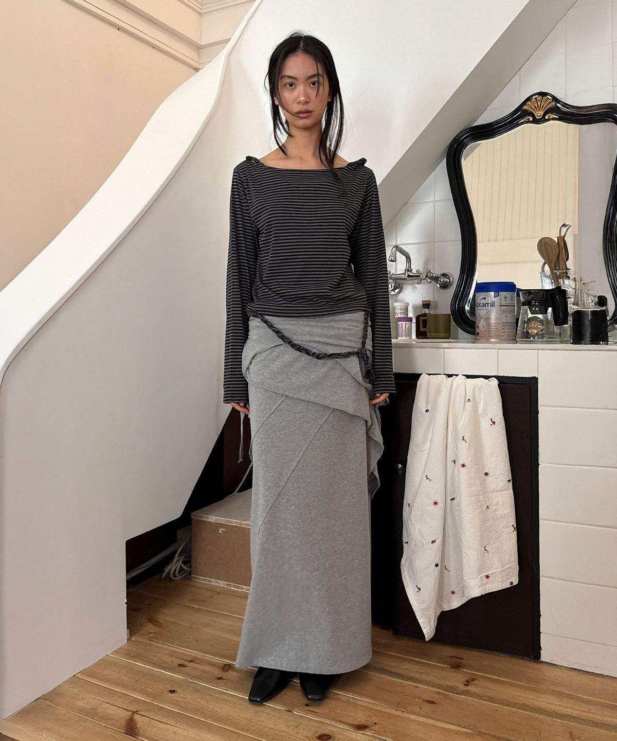 다이애그널(DIAGONAL) DOUBLE LAYERED LONG DRESS (melange grey)