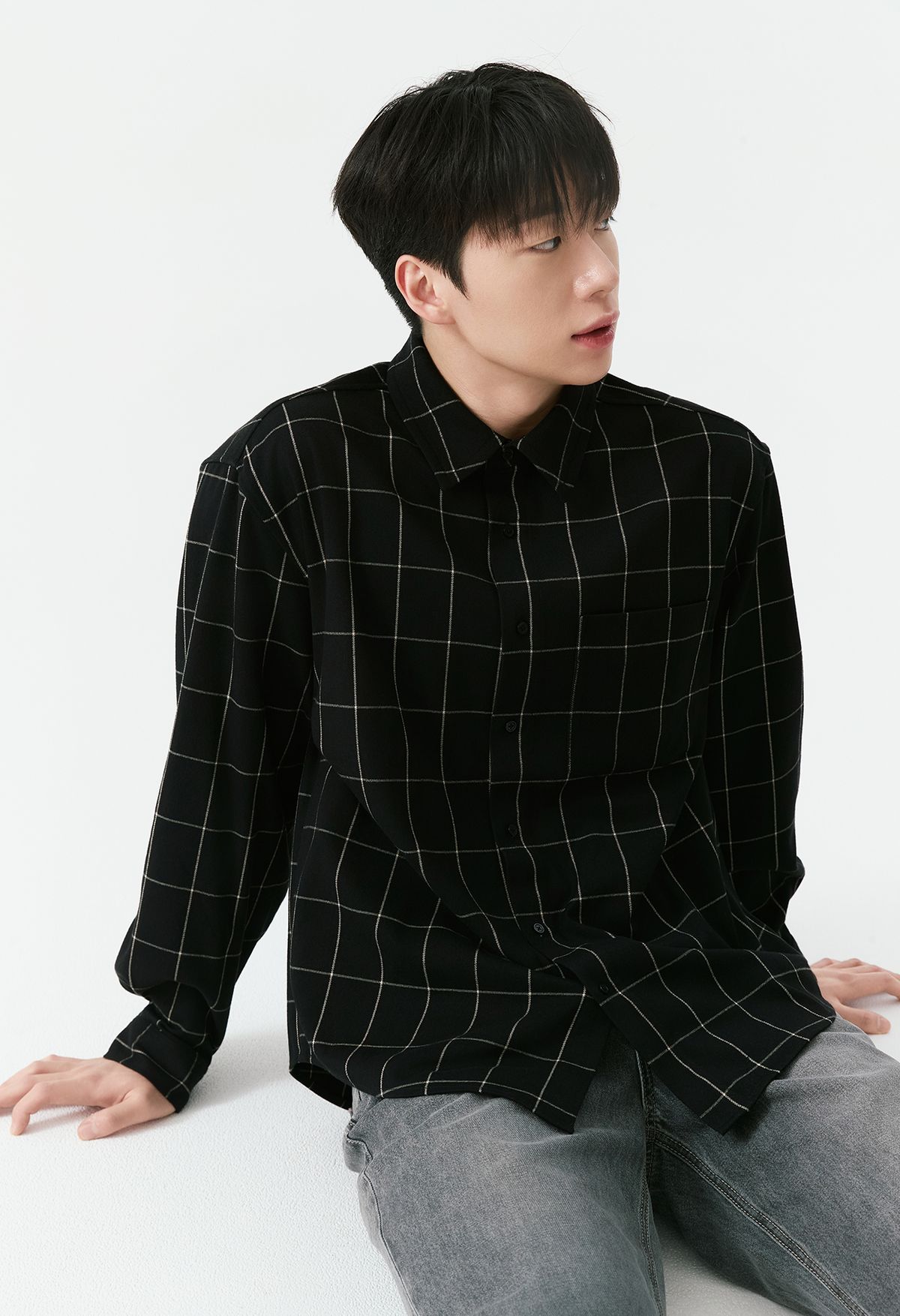 잠뱅이(JAMBANGEE) 남성) 원포켓 오버핏 체크 셔츠 AP3WWH502-BK