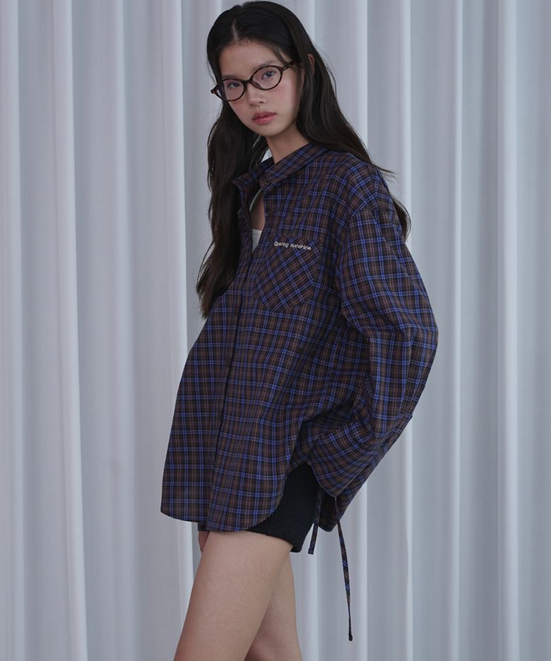 리본 디테일 오버핏 코튼셔츠_체크 블루
