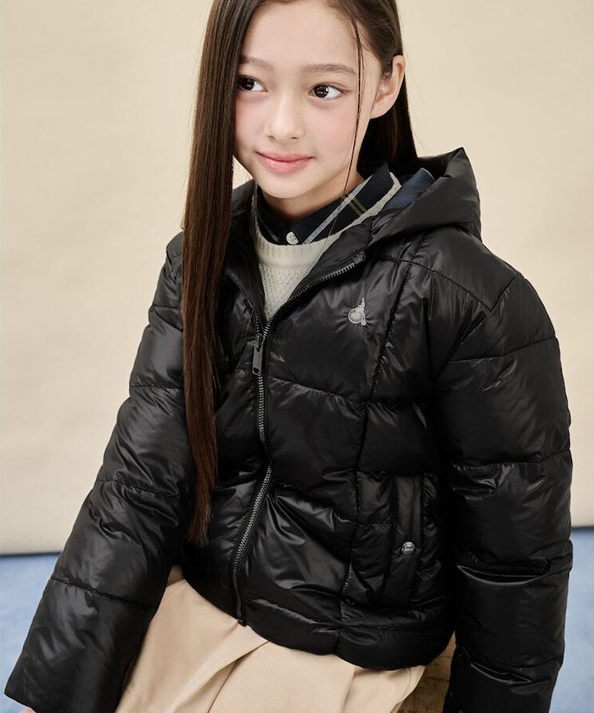 빈폴 키즈(BEANPOLE KIDS) 덕다운 체크 후드 경량 패딩  블랙 (BI5938U075)
