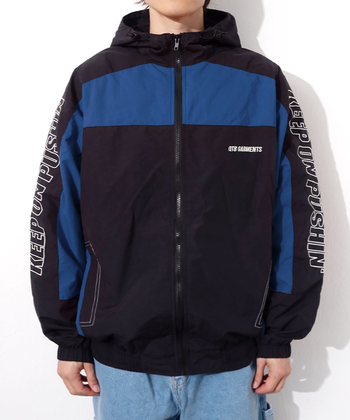 큐티에잇 가먼츠(QT8 GARMENTS) LB Retro Hooded Track Jacket (Black/Blue)