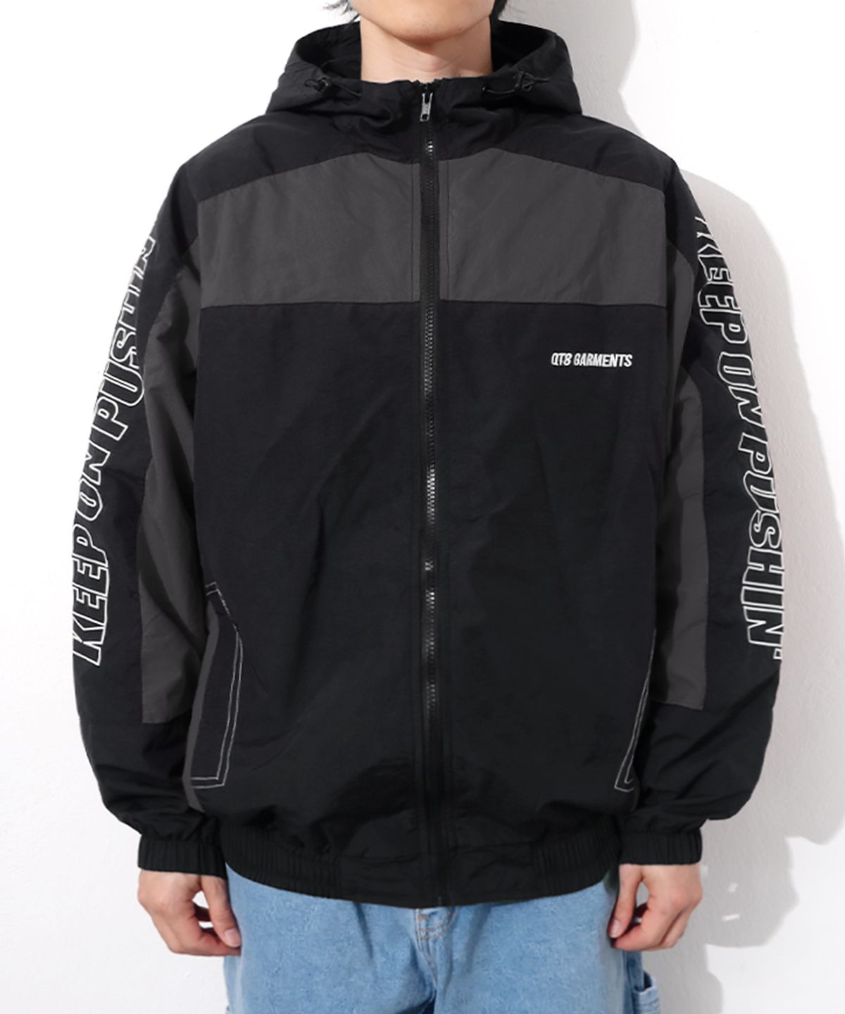 큐티에잇 가먼츠(QT8 GARMENTS) LB Retro Hooded Track Jacket (Black/Charcoal)