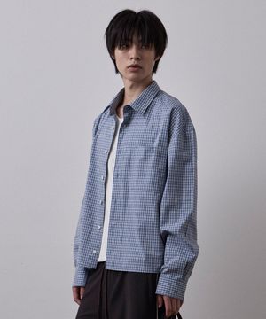 세그먼트 체크 크롭 긴팔 셔츠 블루