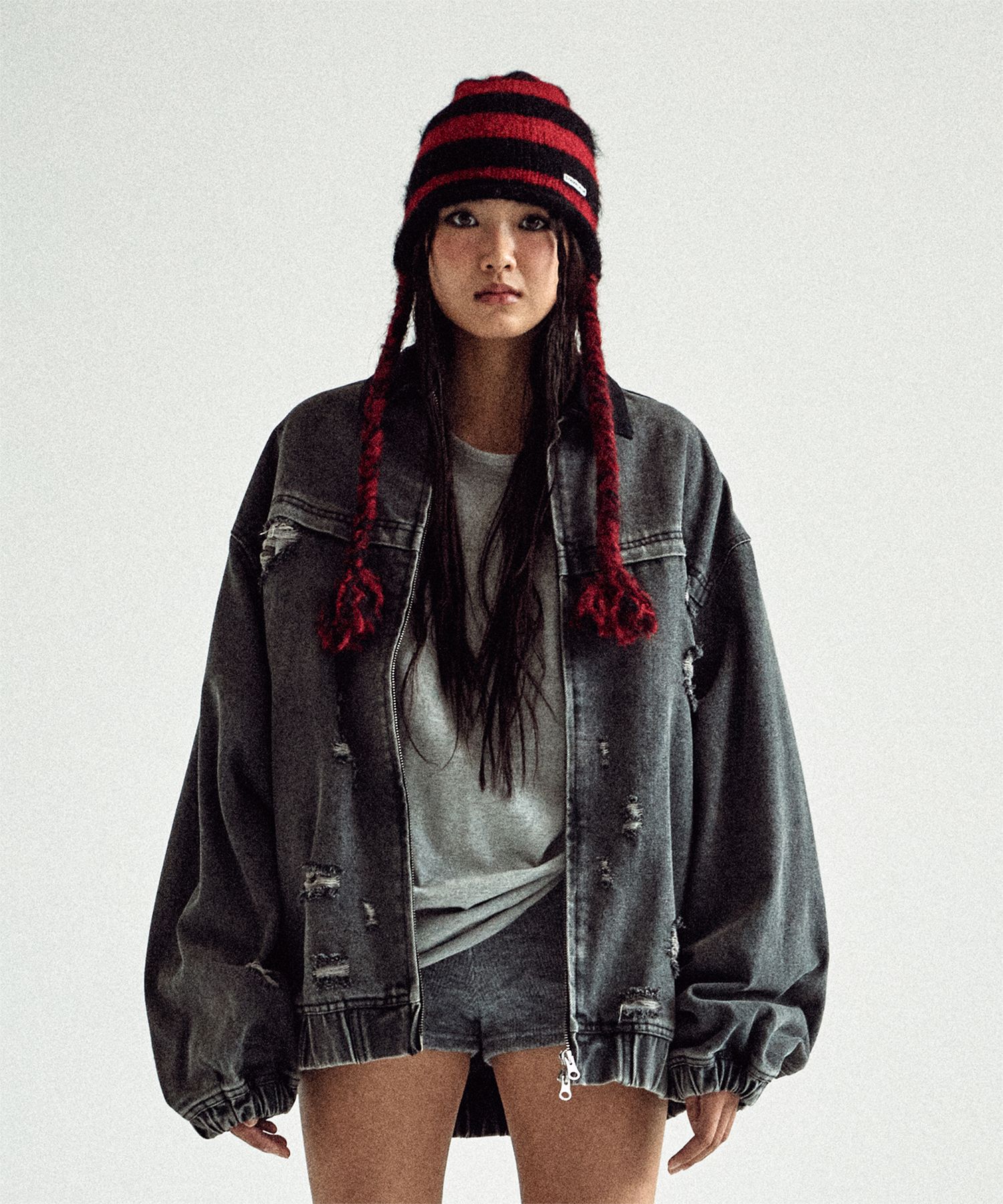 MUSINSA | THEVINYLHOUSE DESTROYED DENIM ZIPUP JACKET BLACK