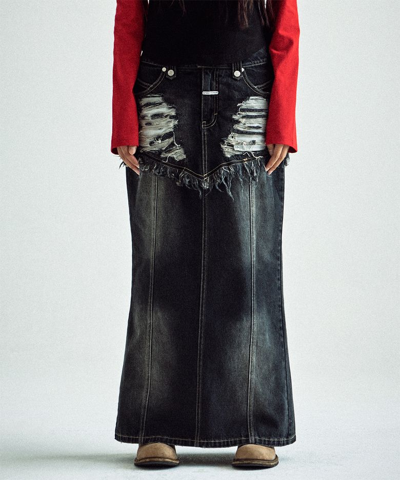 DESTROYED DOUBLE DENIM SKIRT BLACK