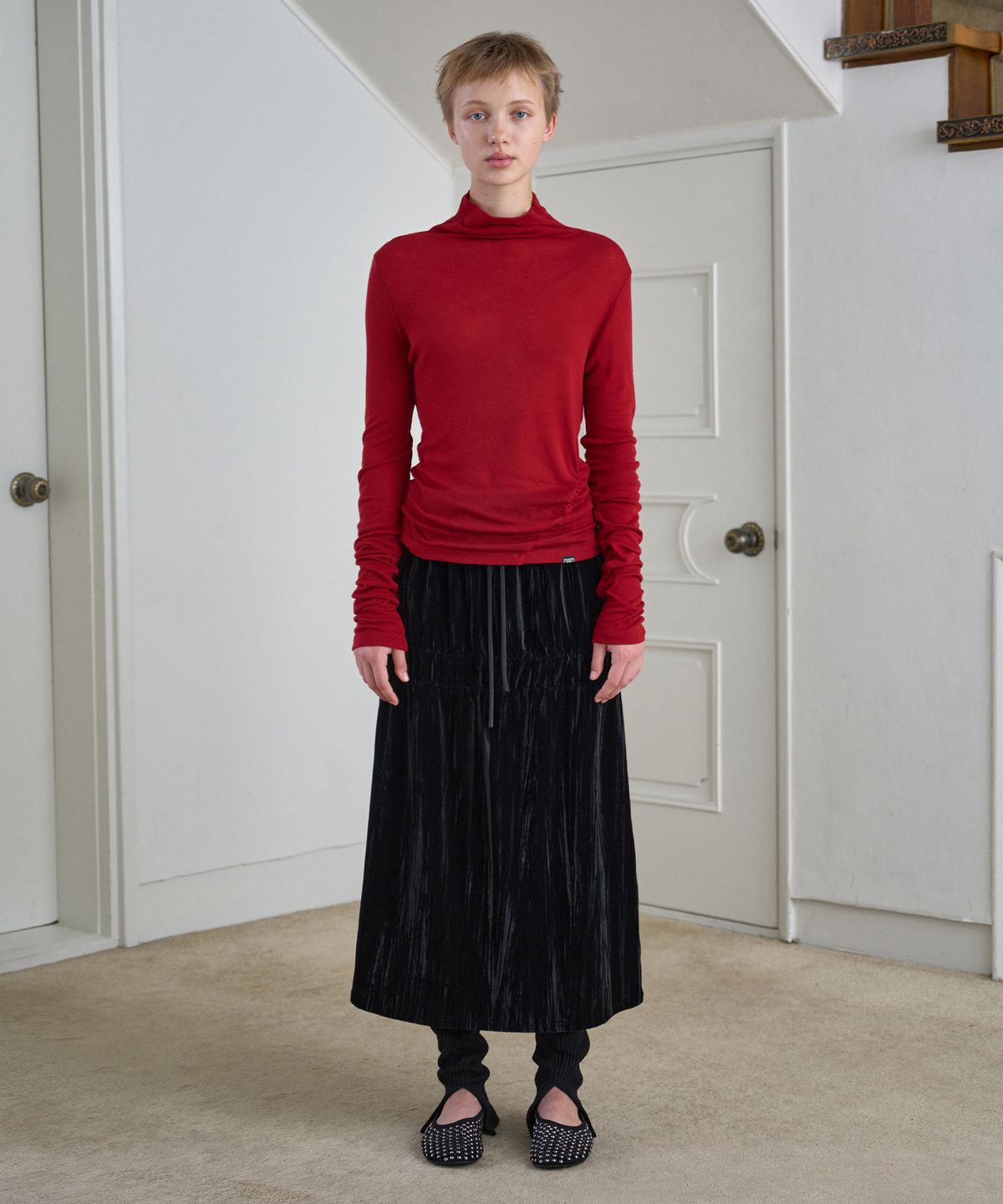 시메트릭 퍼센트(SYMMETRICPERCENT) Velour Shirring Skirt / Black