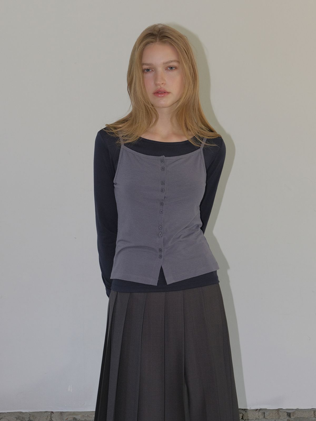 에트몽(ETMON) Cami Layered T-Shirt SET, Navy Grey