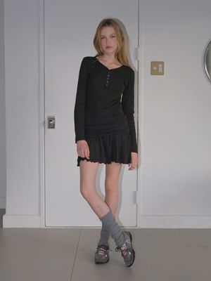 Ribbed Button Shirring Dress, Black