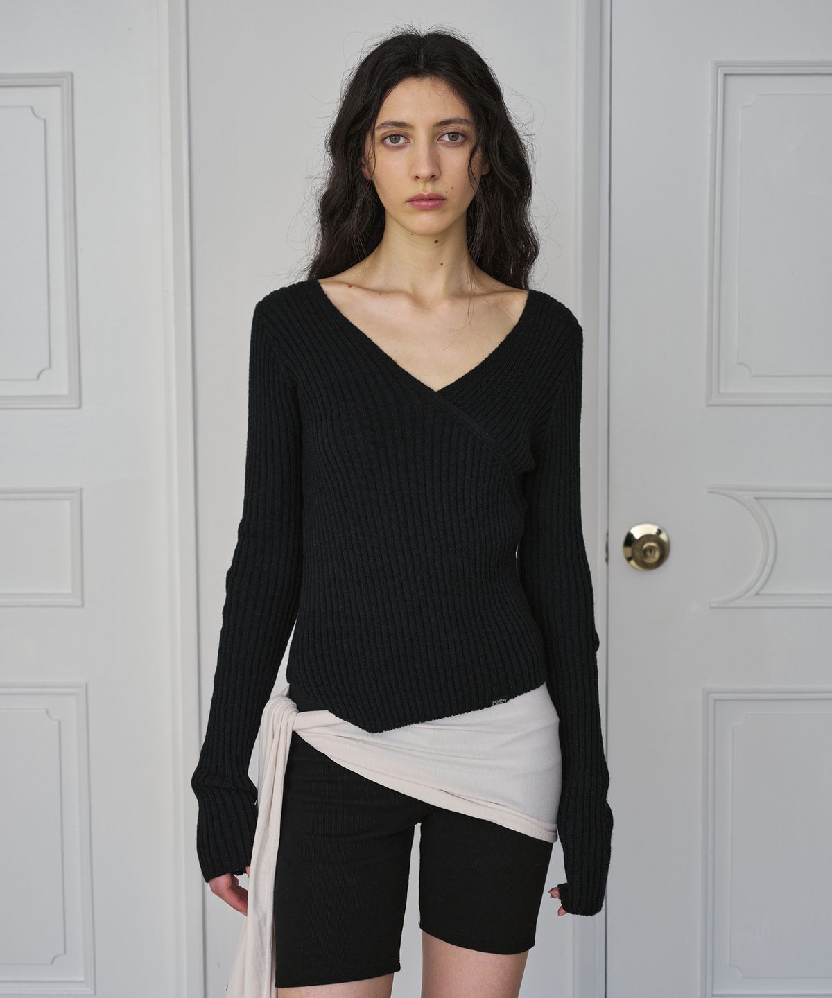 시메트릭 퍼센트(SYMMETRICPERCENT) Wrap Knit Top / Black
