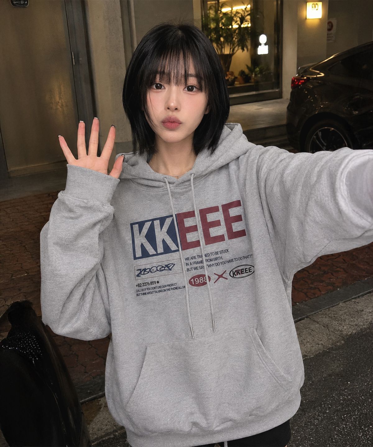케이케이이이이(KKEEE) [기모선택]아이덴티티 박스 오버핏 후드티 [멜란지그레이]