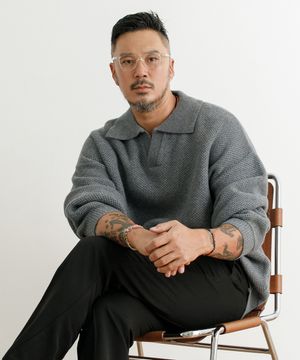 오픈 카라 오버핏 램스울 니트 그레이