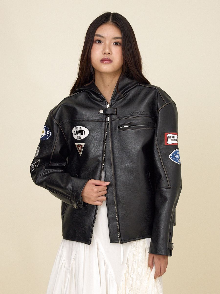 MUSINSA | GLOWNY RACER HOODED LEATHER JACKET (BLACK)