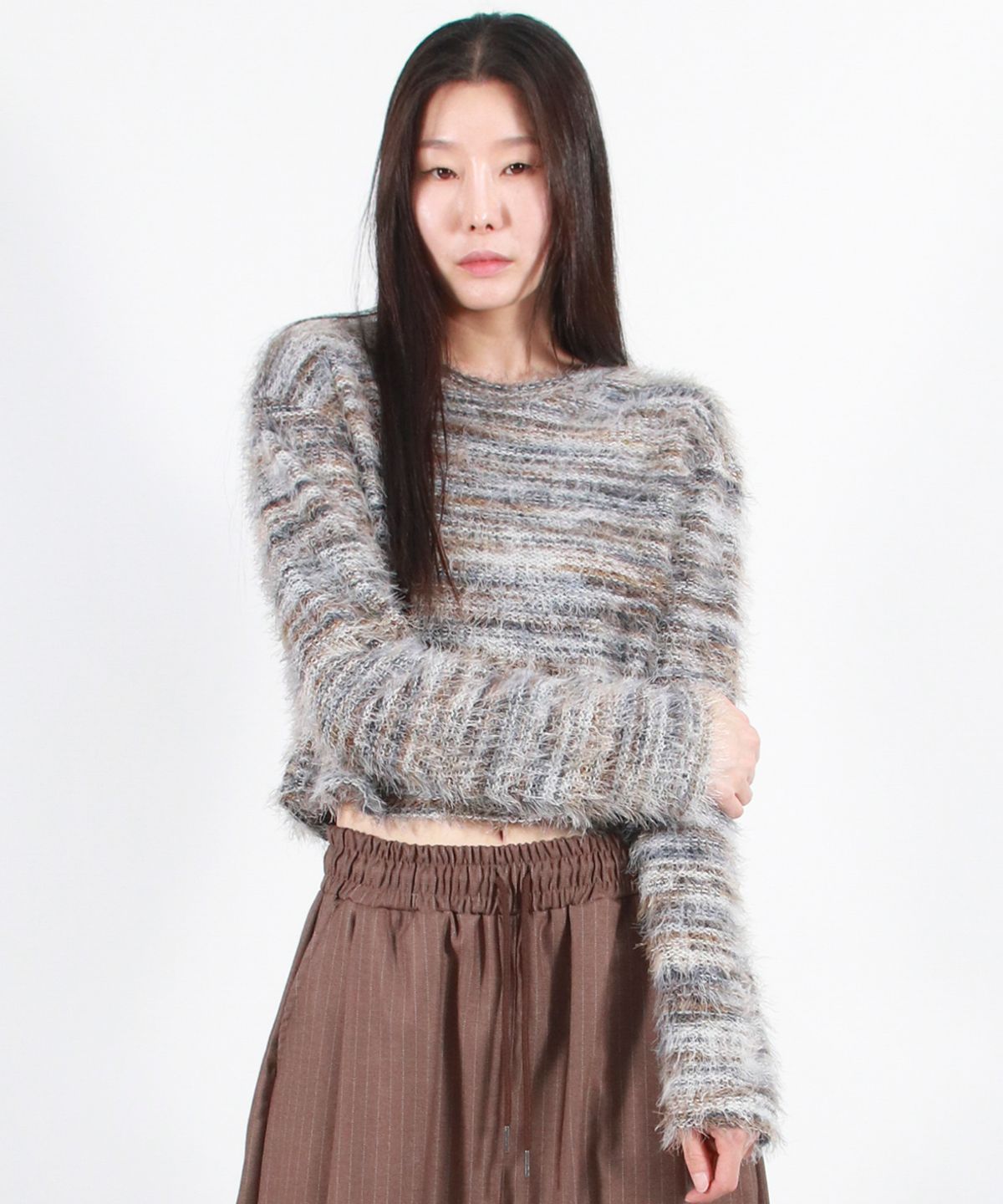 드마크(DEMARC) RAINBOW STRIPE CROP LONG SLEEVE KNIT -  Beige